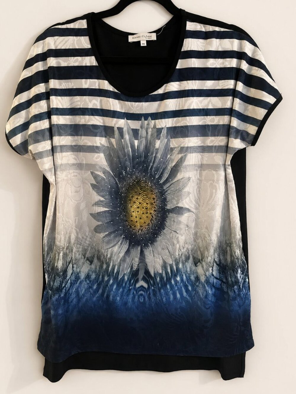 SUNFLOWER GRAPHIC BLOUSE BOHO FLORAL TOP BLUE WHITE STRIPED SEQUIN DETAILS SM.